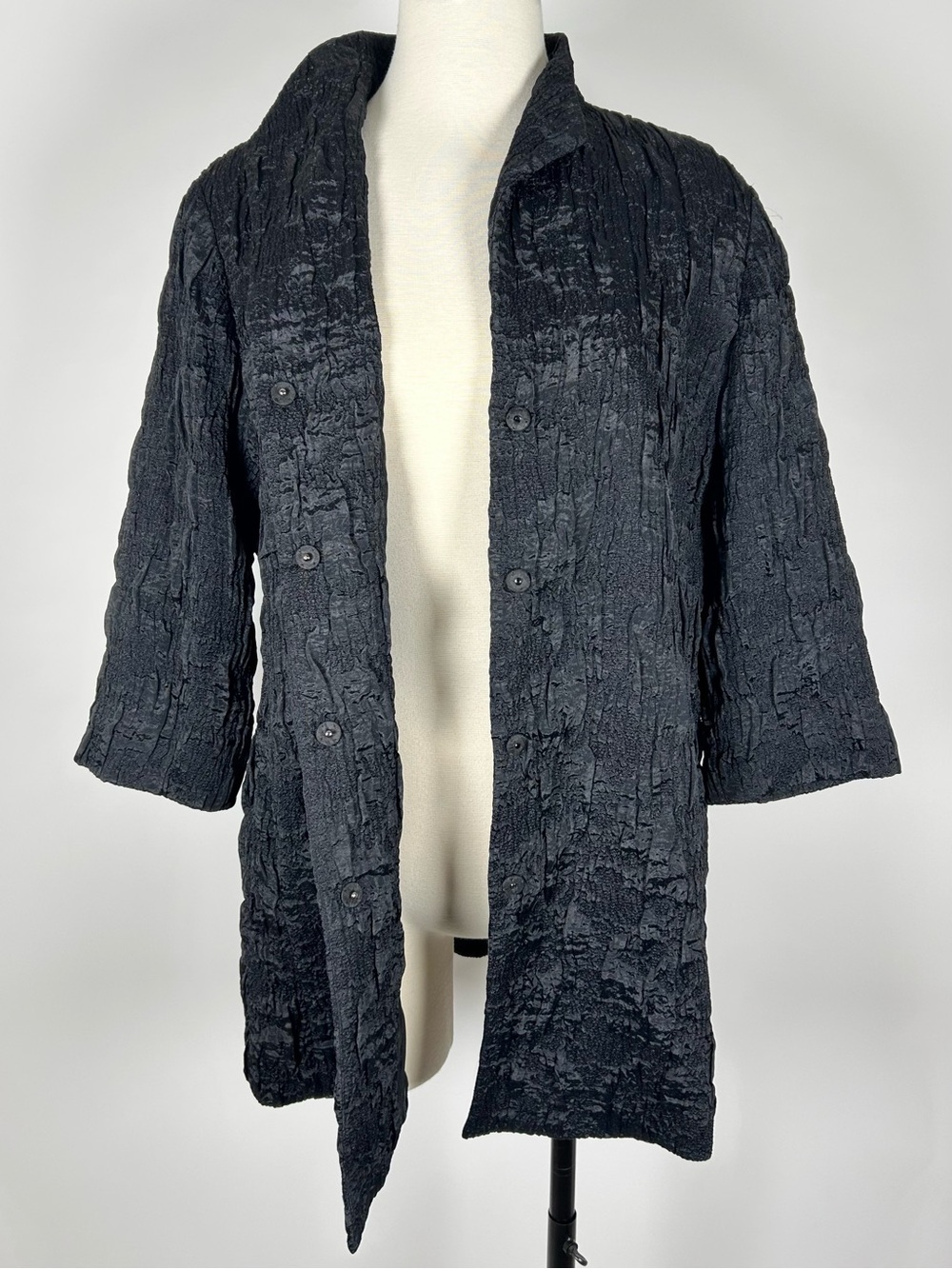 Eileen Fisher Crinkle Jacket Women's Medium Black 3/4 Sleeve Mid Length Textured - Picture 5 of 15